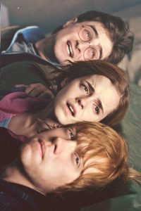 Harry, Hermione and Ron are spotted by Deatheaters. They hide and Harry sends Patronus. Hogsmeade. (SC210)